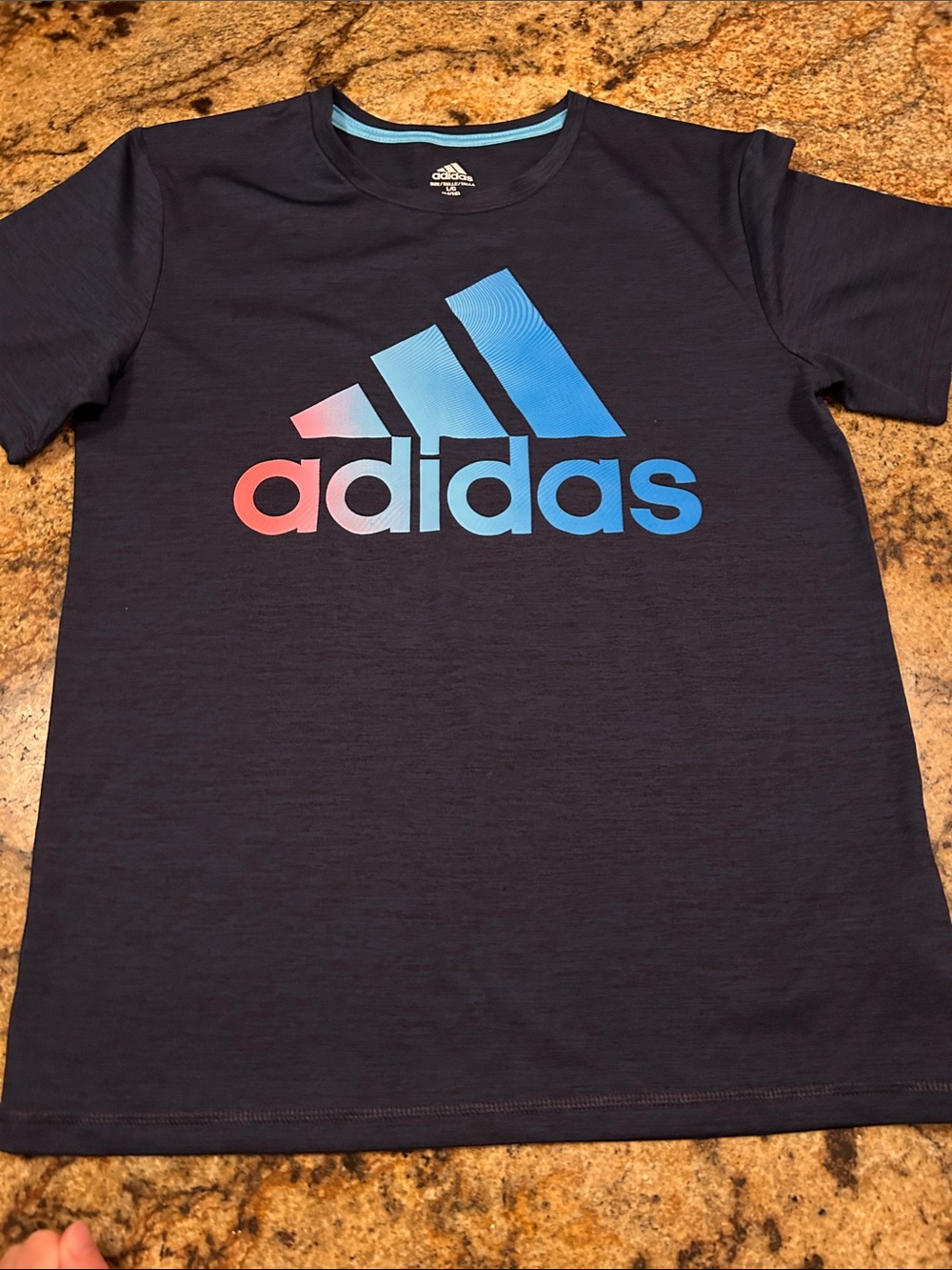 adidas Kids Navy Tee with Blue-to-Pink Gradient Logo